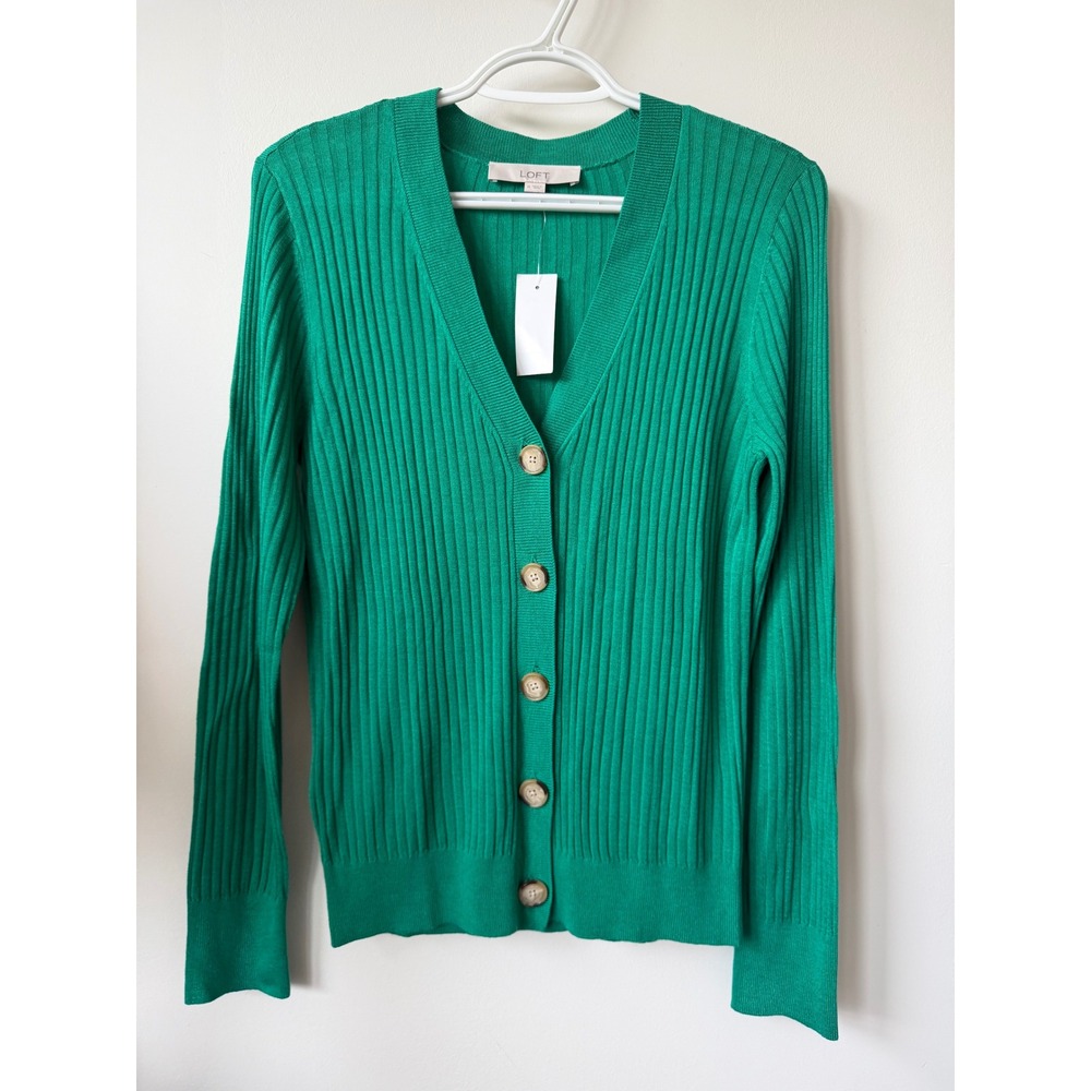 Loft Womens Ribbed V-Neck Cardigan Sweater Emerald Green Button Front Size M NEW